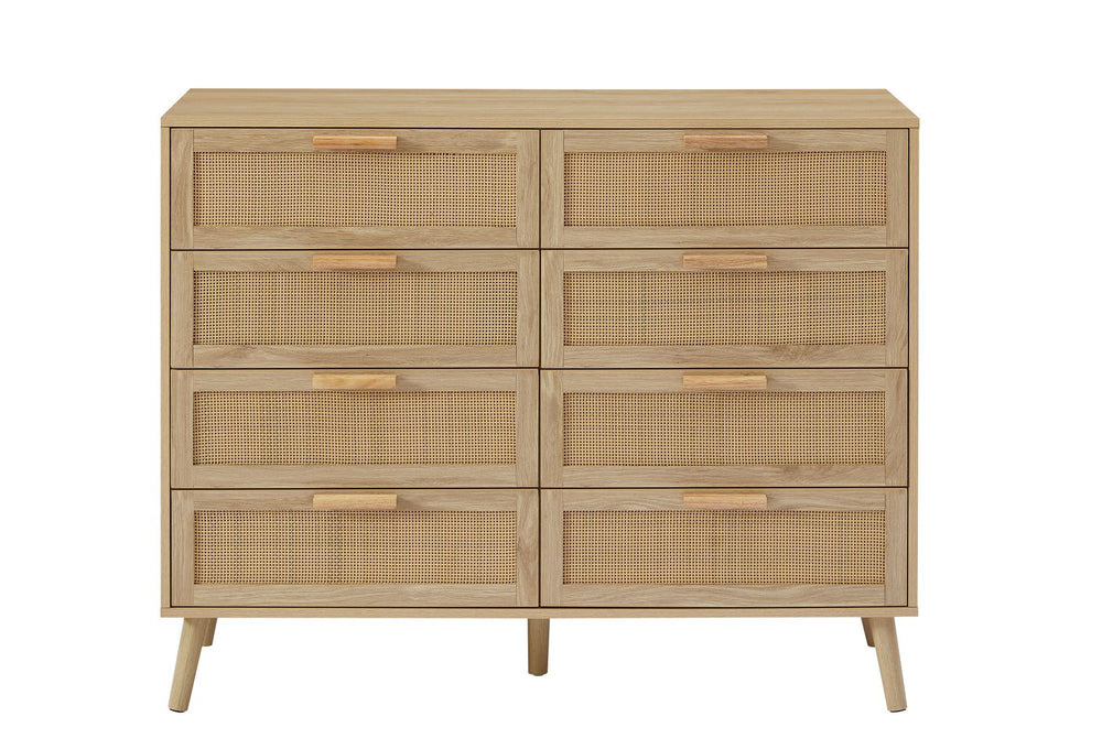 English Elm Bedroom 8-Drawer Dresser With Rattan Fronts – Stylish Storage For Kids’ Rooms & Living Spaces W1162P190402