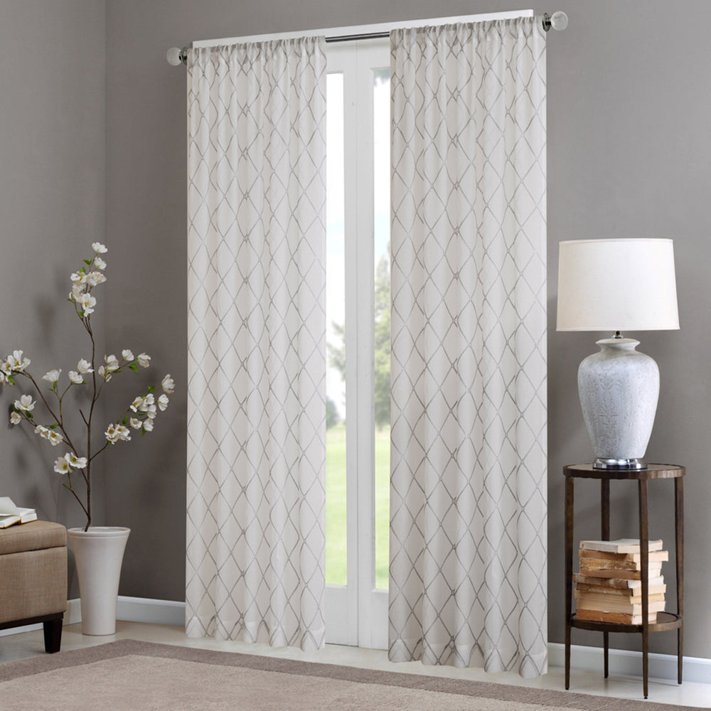JLA Home Madison Park - Diamond Sheer Window Curtain Panel with Embroidered Diamond Texture, Light-Filtering Elegant Drapery White/Grey MP40-2331