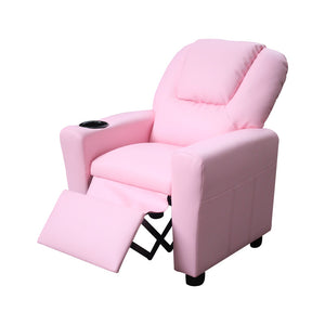 English Elm Carisa Youth Pu Leather Recliner Chair with Cupholder for Playroom or Bedroom Pink B2749P413218
