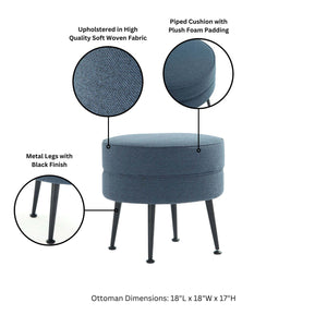 English Elm Bailey Upholstered Accent Ottoman in Blue with Gold Splayed Legs, Plush Piped Cushion, Solid Wood Frame B365P397869