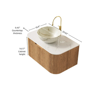 English Elm Muri Floating Bathroom Vanity Plywood Cabinet Sintered Stone Top Oak Drawer Carrara White,Natural Wood,Stone White W2615S00693