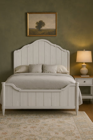 English Elm Teen Full Bed Cement Finish Solid Wood & MDF, Arched Plank Headboard, White Mindi Veneer, Sturdy Elegance B2699S00097