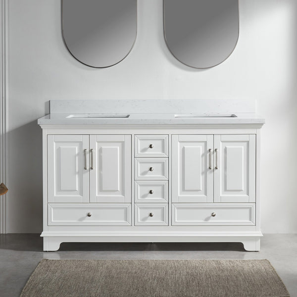 English Elm Fully 60'' Freestanding Double Bathroom Vanity with Solid Wood Base and Carrara Engineered Marble Top White W1826P382807
