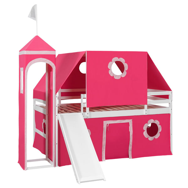 English Elm Full Size Kids Castle Loft Bed with Slide Tent Tower Pinewood Play Zone LT000772AAH-2