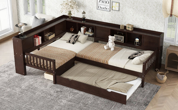 English Elm L-shaped Twin Platform Bed with Trundle, Solid Wood Corner Sleeper with Drawers, Shelves, No Box Spring Needed Espresso W1580S00261