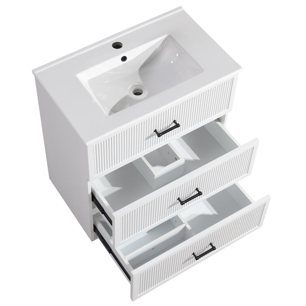 English Elm 30 Inch Bathroom Vanity With Ceramic Sink - Modern Freestanding Storage Cabinet, 2 Drawers, White Finish W1550S00045