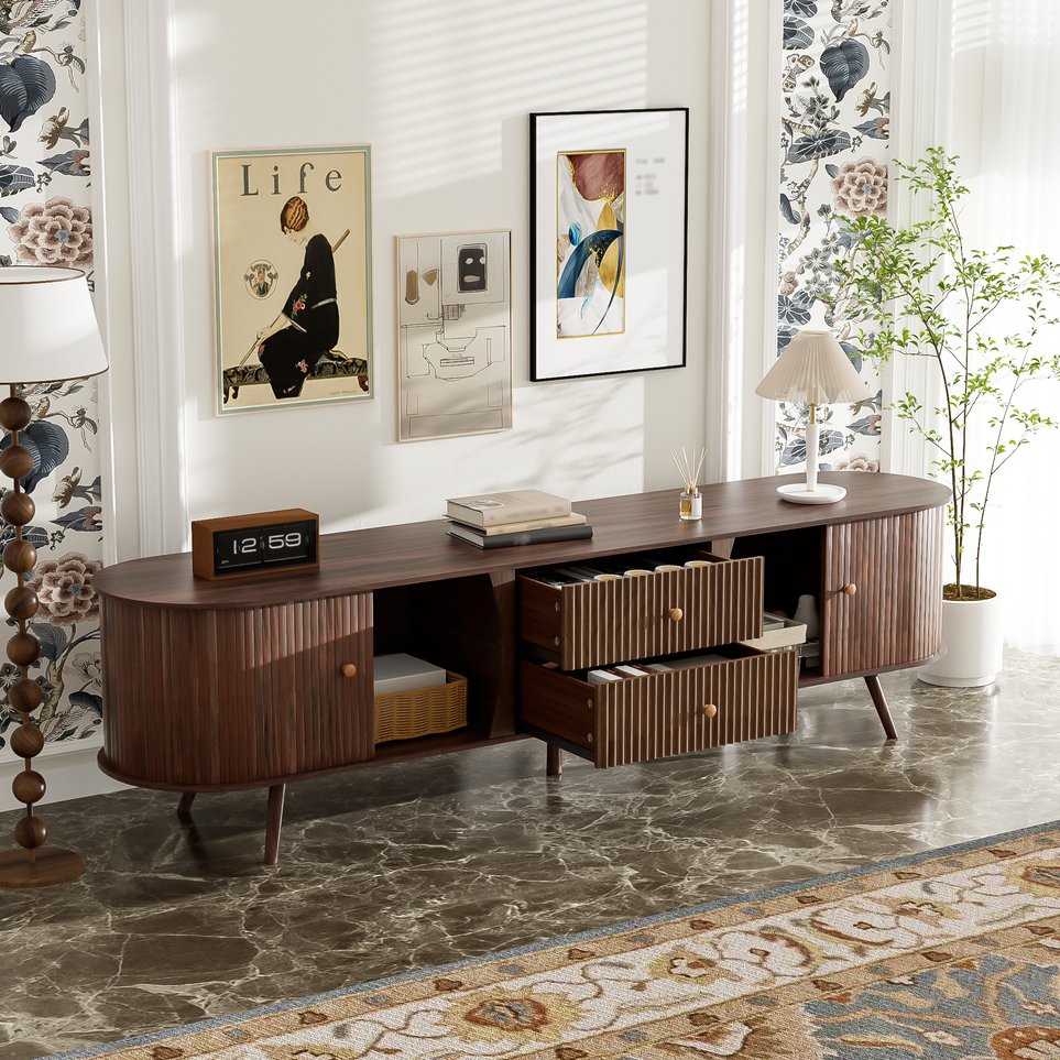 English Elm 70 Inch Mid Century Media Console with Tambour Doors Fluted Drawers and Wood Legs N710P419840P