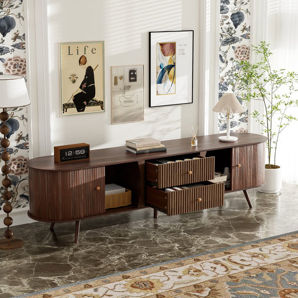 English Elm 70 Inch Mid Century Media Console with Tambour Doors Fluted Drawers and Wood Legs N710P419840P