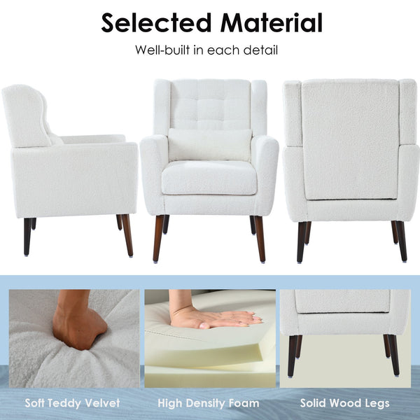 English Elm Modern Accent Chair Upholstered Armchair with Chenille Fabric, Ergonomic Padded Seat, Wood Legs for Living Room Seating Comfort and Stylish Mid Century Flair White W1028P236468