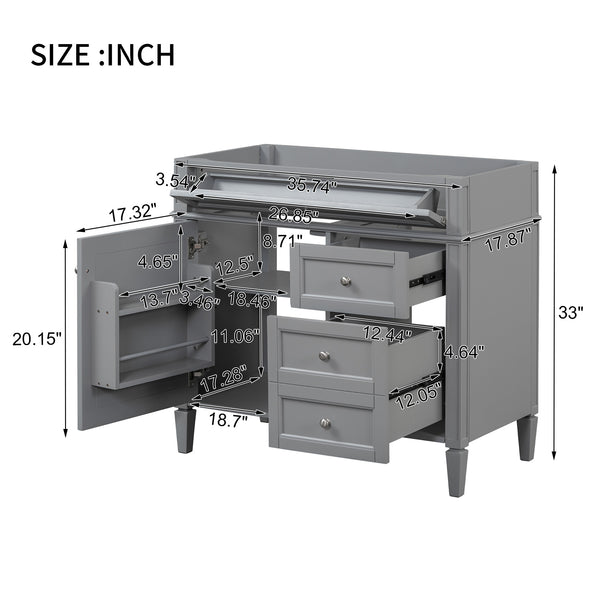 English Elm 36'' Modern Bathroom Vanity Cabinet with Tip-Out Drawer, Adjustable Shelf, Smooth Metal Slides, Solid Wood Frame Grey N710P186084E