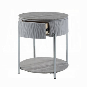 English Elm Grey High Gloss End Table With Chrome Legs And Drawer – Modern Accent For Stylish Living Spaces B062P209132