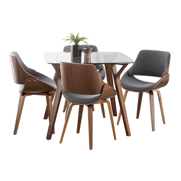 English Elm Dining Set with Tempered Glass Top Walnut Metal Legs and Blue Upholstered Seating B202S01425