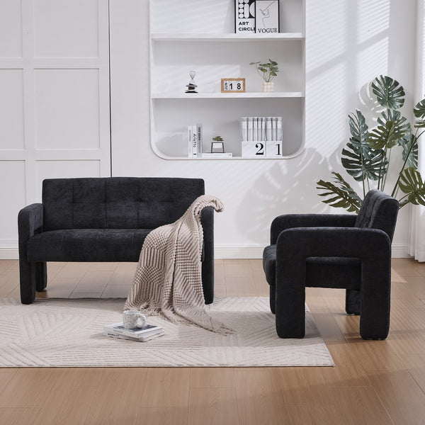English Elm Nordic Ergonomic Double Armchair Upholstered Chenille Sofa 2-Seater Compact Lounge Chair 550LB Capacity Black W395P380537