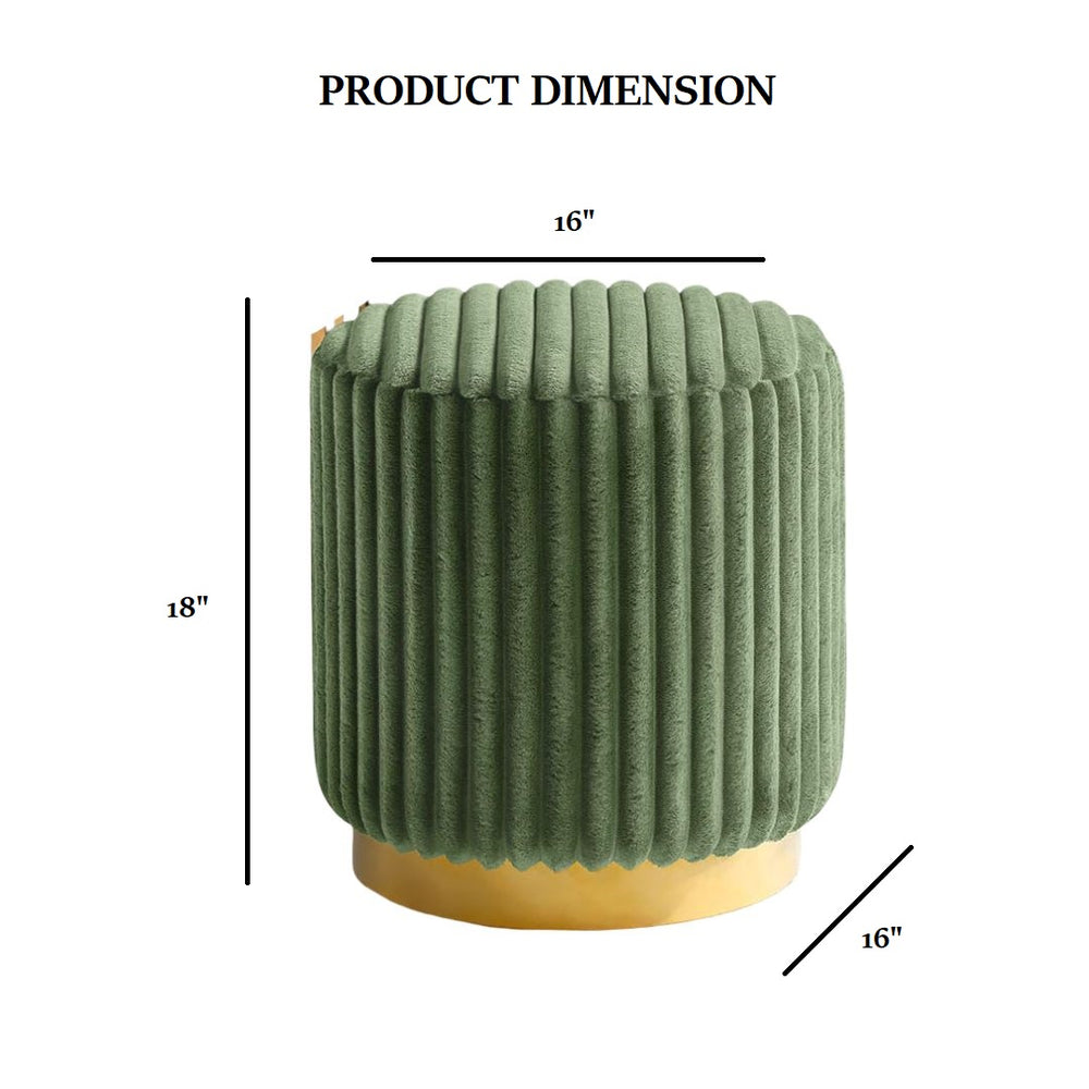English Elm Green Fur Round Accent Stool 18"H Channel‑Tufted Velvet Look Upholstery Gold Stainless Base Modern Luxe B2741P388369