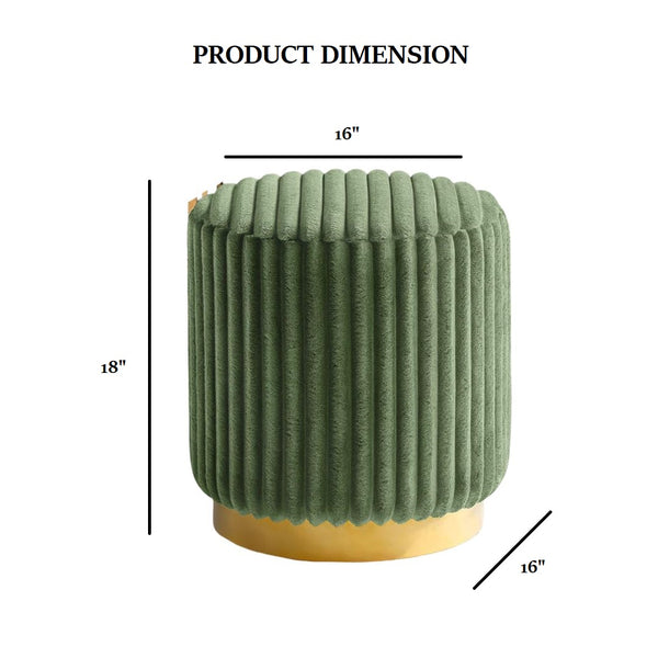 English Elm Green Fur Round Accent Stool 18"H Channel‑Tufted Velvet Look Upholstery Gold Stainless Base Modern Luxe B2741P388369