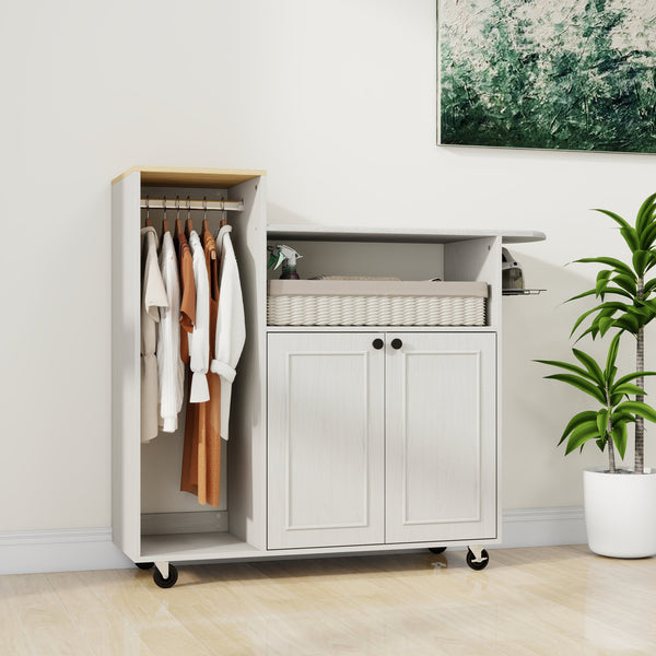 English Elm Ironing Cabinet on Wheels with Pull Out Board Open Shelves and Antique White Finish W1120P330148