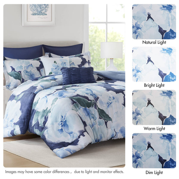 English Elm 7-piece King Comforter Set Cotton Print Bedding with Embroidered Pillows Layered Bedroom Blue Multi B035P482993