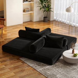 English Elm 78 Inch Corduroy Convertible Sofa Sleeper Futon with Foldable Armrests for Studio Rooms Black W5385P455023