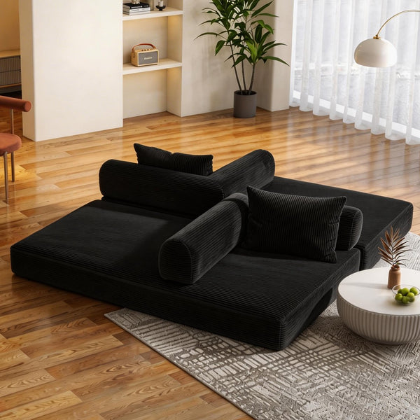 English Elm 78 Inch Corduroy Convertible Sofa Sleeper Futon with Foldable Armrests for Studio Rooms Black W5385P455023