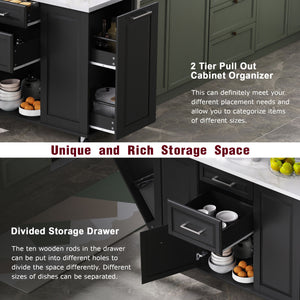English Elm K&K Vintage Convex Kitchen Island Cart with Faux Marble Top, Tilt Trash, Pull-Out Organizer, Wheels Black N707P299008B