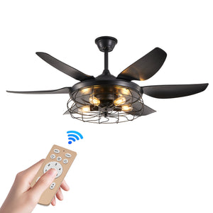 English Elm 52" Modern Black Ceiling Fan With Industrial Cage Design, 6-Speed Remote Control For Stylish Airflow W2312P374993