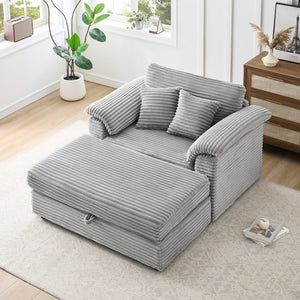 English Elm 47.24-inch corduroy armchair with storage ottoman and USB ports, spring seat, solid wood frame lounge Gray W3356S00021