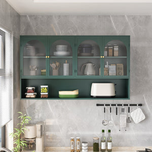 English Elm 47.25" Four-door Glass Wall Cabinet Storage - Dark Green Iron & Tempered Glass, Space-Saving Rustic Chic W757P250949
