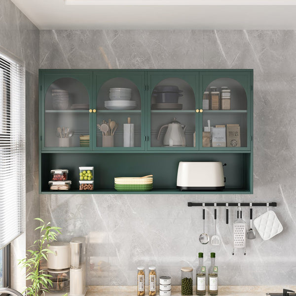 English Elm 47.25" Four-door Glass Wall Cabinet Storage - Dark Green Iron & Tempered Glass, Space-Saving Rustic Chic W757P250949