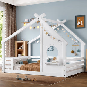 English Elm Full House Floor Bed with Roof Window and Shelf – Solid Pine Kids Loft-Style Low Bed, Durable Design White W1580P362693