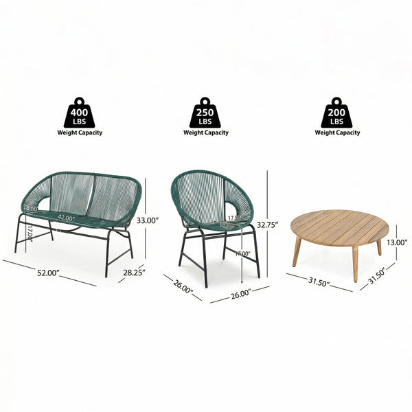 English Elm Nusa Outdoor Pe Rattan Conversation Set with Acacia Wood Coffee Table Patio Natural,Teal NUSA4PCSET-TEL