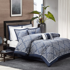 English Elm 8 Piece Jacquard Comforter Set - Elegant Navy Cal King With Metallic Shimmer And Decorative Pillows B03596805