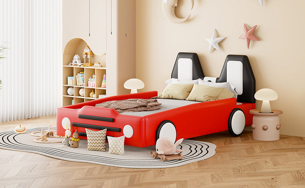 English Elm Twin Race Car Platform Bed with Wheels for Kids — Sturdy PU Leather Frame, Safety Rails, 250lb Capacity Red SF000128AAJ