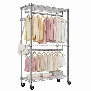 English Elm Heavy Duty Carbon Steel Rolling Garment Rack with Wire Shelving Dual Rods and Side Hooks Chrome W5386P480827