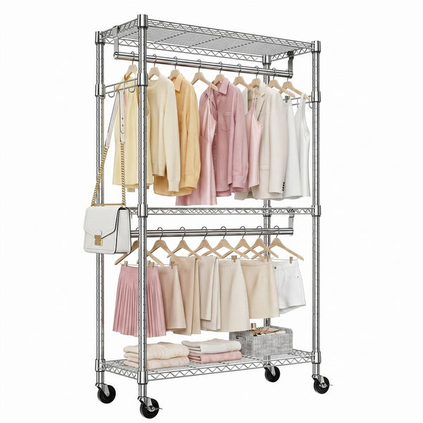 English Elm Heavy Duty Carbon Steel Rolling Garment Rack with Wire Shelving Dual Rods and Side Hooks Chrome W5386P480827
