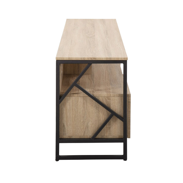 English Elm Folia Contemporary Tv Stand with Natural Wood Top and Black Steel Open Display Niches B202S01357