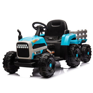 English Elm Ride on Electric Tractor Toy with Trailer 24v 400w Dual Motors Remote Control Led Blue W1578P193906