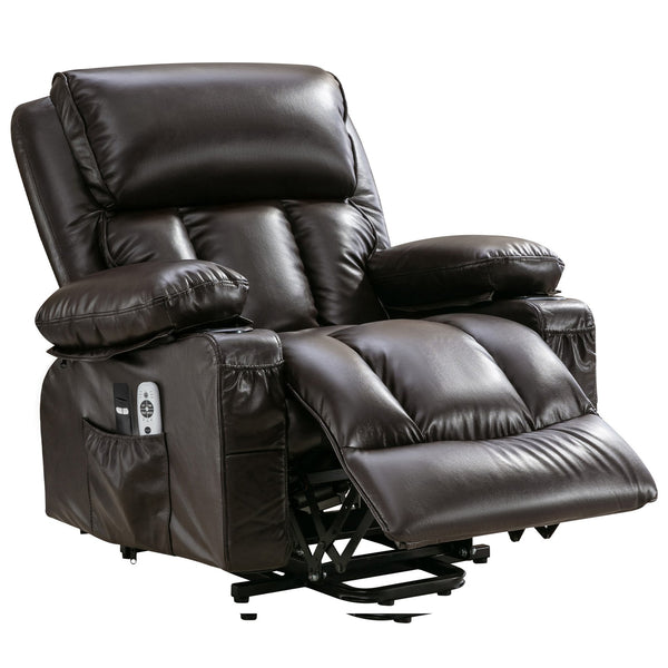 English Elm Power Lift Recliner Chair with Massage Heating Fleece Leather and Usb for Elderly Brown W1807P299429