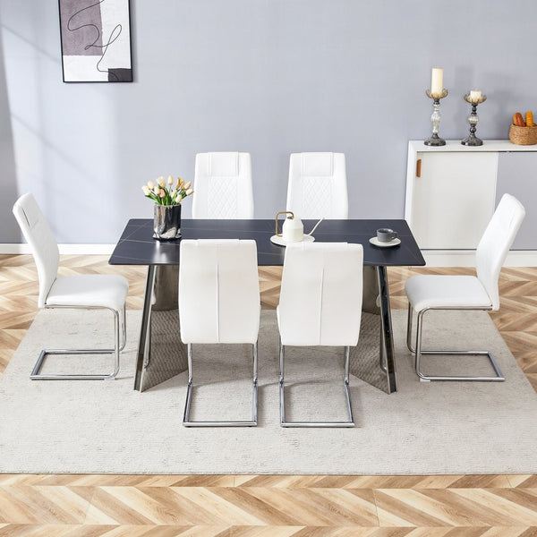 English Elm Table Set With Black Marble-Patterned Top & Stainless Steel Legs, 6 White Pu Chairs For Elegance W1151S01958-GIGA