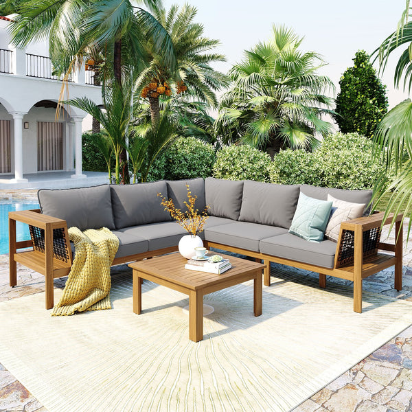 English Elm <old Old Sku Acacia Wood L-shaped Patio Sectional with Woven Rope Armrests Resort Cushioned Set Gray,Natural N704F201249E