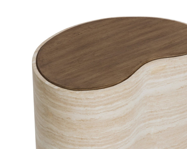 Sunpan ISHIKO Coffee Table - Sculptural Design with Warm Wood Top & Travertine Base for Modern Living Spaces 112578