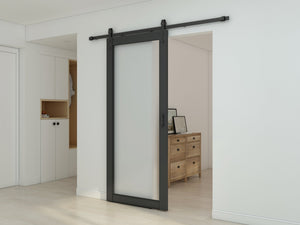 English Elm 30 in Matte Black Steel Sliding Barn Door Frosted Glass Privacy Panel with Hardware B2763P483231