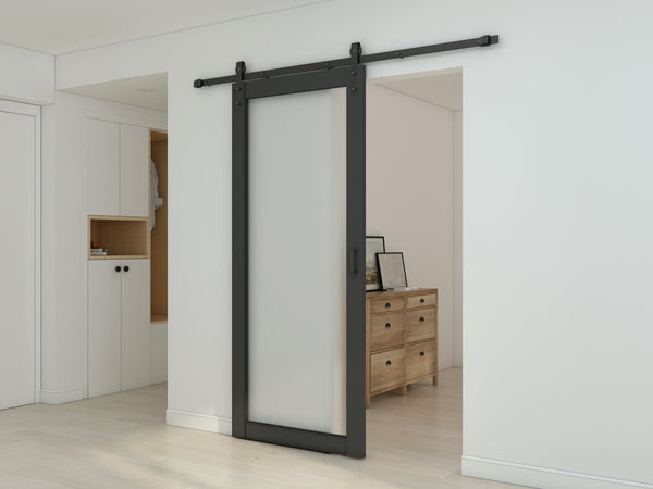 English Elm 30 in Matte Black Steel Sliding Barn Door Frosted Glass Privacy Panel with Hardware B2763P483231
