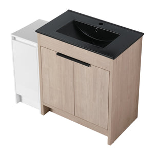 English Elm 42 Inch Freestanding Bathroom Vanity With Black Ceramic Sink & Ample Storage, Soft-Close Doors W999S00305