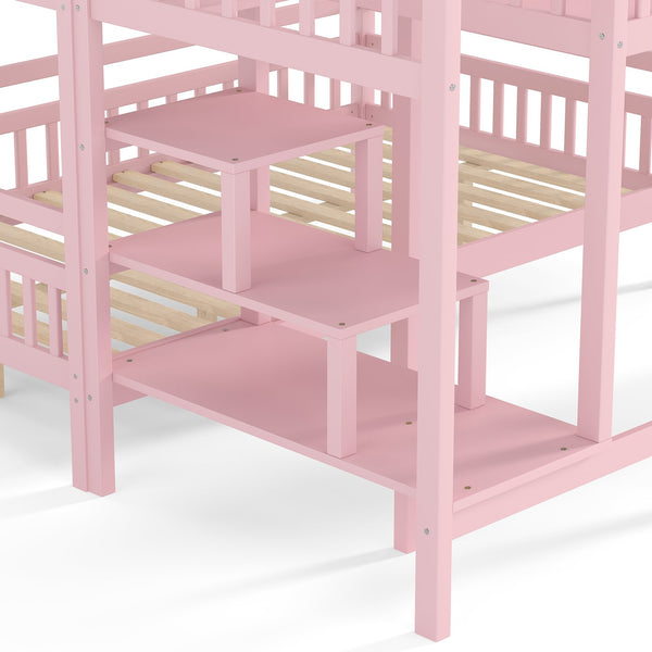 English Elm Full Bunk Bed with Trundle Bookshelf Storage Pine Frame Car Design for Kids Pink W1580S00304