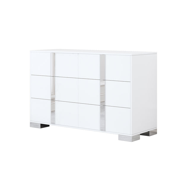 English Elm Elegant Mirrored Dresser with Metal Feet and 6 Spacious Drawers for Organized, Modern Living Spaces White 54.25 L x 20.75 W x 8.5 H N733P307943W