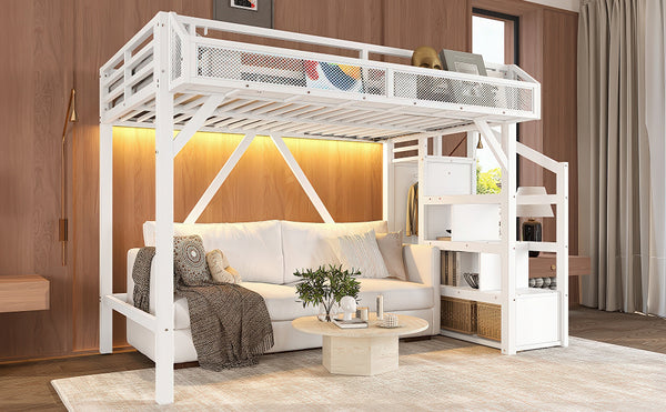 English Elm Full Xl Over Twin Triple Metal Bunk Bed with Storage Stairs and Shelves Black White W1580S00408