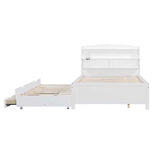English Elm Full Size Wooden Led Platform Bed With Trundle, Storage Headboard, Usb Ports, And Drawers In White N820S10009K