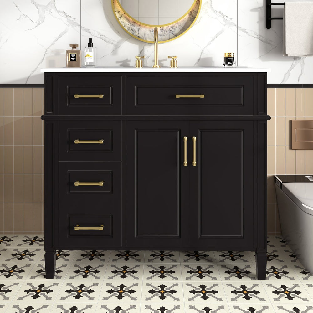 English Elm 36 Inch Freestanding Bathroom Vanity Sage Pine Cabinet Gold Hardware Ceramic Sink Black N725P366466B