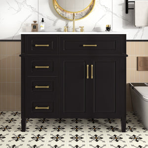 English Elm 36 Inch Freestanding Bathroom Vanity Sage Pine Cabinet Gold Hardware Ceramic Sink Black N725P366466B