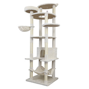 English Elm 84 Inch Tall Multi Cat Tower with Sisal Posts Hammock Triple Condos and Top Perch W243P382885
